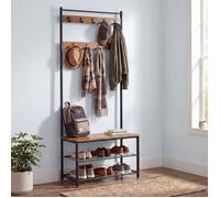 VASAGLE Porte-Manteau avec Étagère à Chaussures, Meuble d Entrée avec Banc, 3-en-1, Cadre en Acier, 32 x 70 x 177 cm, Marron et Noir