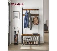 VASAGLE Porte-manteau avec Étagère à Chaussures, Meuble d’Entrée avec Banc, 3-en-1, Cadre en Acier, 32 x 85 x 175 cm, Marron et Noir