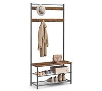 VASAGLE Porte-manteau avec Étagère à Chaussures, Meuble d’Entrée avec Banc, 3-en-1, Cadre en Acier, pour Entrée, Couloir, 32 x 85 x 175 cm, Style Industriel, Marron Rustique et Noir HSR401B01