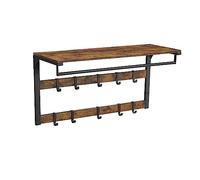 VASAGLE Porte-manteau Mural, Étagère Suspendue avec 10 Crochets Amovibles sur 2 Rangées, Barre de Suspension, pour Entrée, Chambre, Salle de Bain, Marron Rustique et Noir LCR201B01