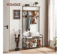 VASAGLE Porte-Manteau,Vestiaire Industriel avec Banc à Chaussures, 9 Crochets Amovibles, 85 x 30 x 180,5 cm HSR409B01