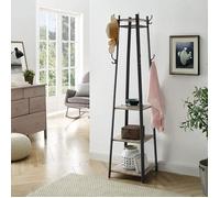 VASAGLE Porte-manteau sur Pieds, Vestiaire Entrée, avec 8 Doubles Crochets, 4 Étagères, Tringles, Cadre en Métal, pour Manteaux, Sacs, pour Entrée, Chambre, Grège et Noir LCR080B02