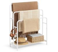 VASAGLE Porte Serviette Salle de Bain, sur Pied, 3 Barres, 2 Crochets | Range Serviette, Étagère de Rangement, 70 x 30 x 101 cm, Blanc Perle et Beige Naturel, Collection COLTEN LLS019W01