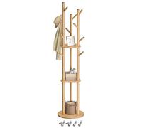 VASAGLE Portemanteau, avec 11 Crochets et 3 Étagères, 4 Roulettes Pivotantes à 360°, Mobile, Crochet et Poteau en Bois, pour Entrée, Chambre, Salon, Couleur Naturelle RCR023YK01
