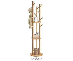 VASAGLE Portemanteau, avec 11 Crochets et 3 Étagères, 4 Roulettes Pivotantes à 360°, Mobile, Crochet et Poteau en Bois, pour Entrée, Chambre, Salon, Couleur Naturelle RCR023YK01