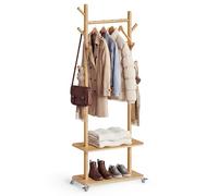 VASAGLE Portemanteau, avec 7 Crochets et 2 Étagères, 4 Roulettes Pivotantes à 360° Amovibles, Crochet et Poteau en Bois, pour Entrée, Chambre, Salon, Couleur Naturelle RCR053YK01