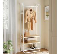 VASAGLE Portemanteau, Vestiaire, avec Étagère à Chaussures à 3 Niveaux, pour Entrée, Chambre, 58 x 28 x 181 cm, Style Scandinave, Blanc Mat et Doré Chêne HSR81WN