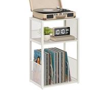 VASAGLE Support pour tourne-disque, table d'appoint à 3 niveaux, rangement de disques vinyles jusqu'à 100 albums, table d'appoint pour salon, chambre à coucher, blanc rustique ULET275W01