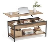 VASAGLE Table Basse Relevable, Table de Salon, 50 x 100 cm | Avec Rangement Ouvert et Compartiments Cachés, Marron Camel et Noir, Collection BARNET LCT261LB02
