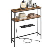 VASAGLE Table Console avec Prise, 2 Étagères, 20 x 80 x 80,9 cm | Bout de Canapé Étroit, pour Salon, Couloir, Entrée, Marron rustique et Noir mat, Collection BARNET LNT135KD01