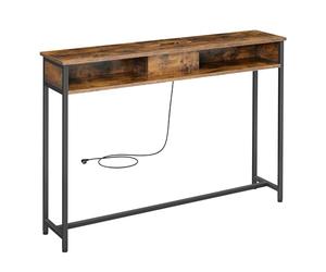 VASAGLE Table Console Fine avec Multiprise, 2 Compartiments, Gain de Place | Table de Canapé, Chargement Caché, 120 x 25 x 81,1 cm, Marron rustique et Noir mat, Collection BARNET LNT111K01