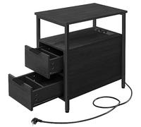 VASAGLE Table d’Appoint avec Multiprise, Petite et Fine, 2 Tiroirs | Table de Chevet avec Rangement, pour Salon, Chambre, Gris Anthracite et Noir Mat, Collection BARNET LET325B22