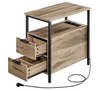VASAGLE Table d’Appoint avec Multiprise, Petite et Fine avec 2 Tiroirs, Table de Chevet avec Rangement, pour Salon, Chambre, Marron Camel et Noir d'encre LET325K01