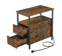 VASAGLE Table d’Appoint avec Multiprise, Petite et Fine avec 2 Tiroirs, Table de Chevet avec Rangement, pour Salon, Chambre, Marron Rustique et Noir d'encre LET325B01