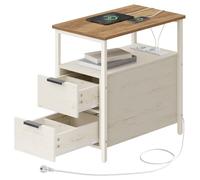 VASAGLE Table d’Appoint avec Multiprise, Petite et Fine avec 2 Tiroirs, Table de Chevet avec Rangement, pour Salon, Chambre, Marron Chaud et Blanc Nuage LET325W101