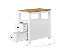 VASAGLE Table d’Appoint avec Multiprise, Petite et Fine avec 2 Tiroirs, Table de Chevet avec Rangement, pour Salon, Chambre, Marron Chêne et Blanc LET327W14