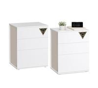 VASAGLE Table de Chevet, Assemblage Ultra-rapide sans Outils Toolless, Lot de 2, Table d’Appoint avec 3 Tiroirs, Moderne, Chambre, Salon, Blanc Mat et Beige Cappuccino LET779W01