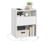 VASAGLE Table de Chevet, Assemblage Ultra-Rapide sans Outils Toolless, Lot de 2, Table d’Appoint avec Multiprise et Tiroir, Moderne, Chambre, Salon, Blanc Mat LET776W01