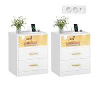 VASAGLE Table de Chevet avec Multiprise, LED, Tiroirs, Ports USB | Table d'Appoint, Compartiment Ouvert, 2 Prises CA, Blanc Nuage, Collection CUSTOS LET829WB01