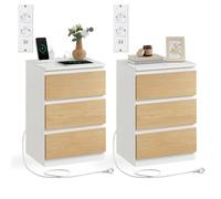 VASAGLE Table de Chevet avec Multiprise, Lot de 2, 3 Tiroirs, 2 Prises CA | Table de Nuit, 2 Ports USB, Façades de Tiroirs Biseautées, Moderne basique, Blanc nuage, Collection KAILYN LET831Y01