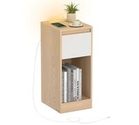 VASAGLE Table de Chevet Étroite, avec Éclairage LED | Table d’Appoint, 1 Port USB-A, 1 Port USB-C, 1 Tiroir et Compartiments Ouverts, Beige chêne, Collection KAILYN LET610Y01