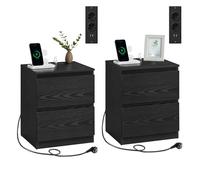 VASAGLE Table de Chevet, Lot de 2, avec Multiprise, 2 Tiroirs | Table de Nuit, 2 Prises CA, Ports USB-A/C, pour Salon, Chambre, Bureau, Moderne, Noir boisé, Collection KAILYN LET821B02