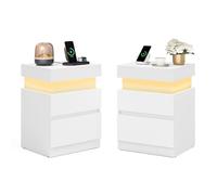 VASAGLE Table de Chevet, Lot de 2, avec Multiprise, LED, 2 Tiroirs | Table de Nuit, 40 x 35 x 55 cm, Style Moderne, Blanc nuage, Collection KAILYN LET840WB01