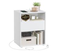 VASAGLE Table de Chevet, Assemblage Ultra-Rapide sans Outils Toolless, Lot de 2, Table d’Appoint avec Multiprise et Tiroir, Moderne, Chambre, Salon, Blanc Mat LET776W01