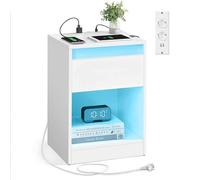 VASAGLE Kailyn Collection - Table de Nuit avec Multiprise, Table d’Appoint avec Lumières LED Réglables, Tiroir, 2 Prises, 2 Ports USB, Moderne, pour Chambre, Salon, Blanc Nuage LET618T15