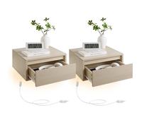 VASAGLE Tables de Chevet Suspendues, Lot de 2, Tiroir, Lumière 3 Couleurs | Tables de Nuit, Étagère Murale, 35 x 40 x 18 cm, Style Moderne, Chambre, Salon, Beige Naturel, Collection KAILYN LET854N01
