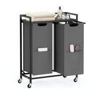 VASAGLE Trieur à linge, 110 L, panier à linge avec 2 compartiments, chariot roulant avec roulettes, étagère, sacs amovibles, poches, gris ardoise et gris anthracite UBLH021G01
