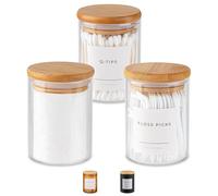 Vase and Vessel Lot de 3 mini bocaux d'apothicaire en verre avec couvercles en bambou, petits récipients de rangement pour salle de bain et cuisine, pour boules de coton, tampons et cotons-tiges, 300
