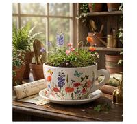Vase - EDEN - En forme de tasse - Céramique - Motif floral coloré - 15 x 20 cm