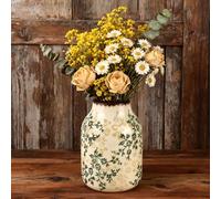 Vase en céramique antique, vert et beige, 20 cm, décoration vintage | Vase rustique en céramique peint à la main avec design botanique, vase décoratif de style maison de campagne pour salon