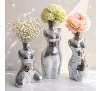 Vase en céramique artisanal argenté en forme de boule disco, vase floral disco créatif pour fleurs et plantes, décoration bohème pour la maison, disponible en plusieurs tailles, cadeau d'anniversaire 