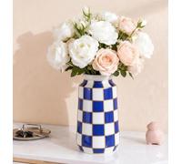 Vase en céramique bleu et blanc, vases à damier modernes du milieu du siècle pour composition florale et herbe de pampa, vase à damier noir et blanc pour table à manger, table de cuisine, décoratif