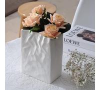 Vase en Sac De Papier Froissé, Vase Carré Blanc en Céramique, Style Bohème Unique Et Simple, pour Composition Florale, Centre De Table, pour Une Décoration D'intérieur Moderne Et Élégante