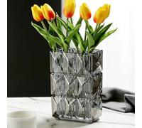 Vase en verre cristal de 20 cm, vase en verre clair épais, grande vase carrée décorative, vases décoratifs, vase moderne pour composition florale de style rustique, décoration de la maison (Gris)