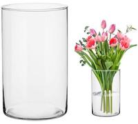Vase en verre transparent, finition brillante, forme cylindrique haute de 25 cm, vase en verre rond, grande vase décorative, idéale pour les pampas, les roses, les tulipes, la décoration de mariage et