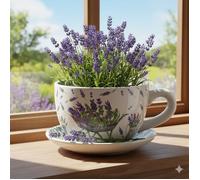 Vase ou cache pot en forme de tasse lavande 20x12x15cm