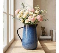 Vase pichet en céramique bleu avec poignées, carafe vintage en céramique bleue, décoration d'intérieur, vase en poterie rustique moderne - pour décoration de table bleu marine, cheminée, entrée