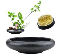 Vase pour Ikebana avec support Kenzan, en céramique, noire avec des motifs, 17,5 cm