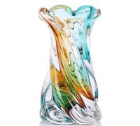 Vase-Sculpture en Verre d'art soufflé à la Main - Modèle Lourd à Large Ouverture, Forme Spirale/Goutte d'eau - Vase à Fleurs Style Murano pour décoration d'intérieur (Sarcelle et Ambre)