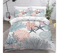 VASENA Housse de Couette 140x200 Enfant Coquillages Corail Parure de Lit 1 Personne Microfibre Housse de Couette Océan Style Dessiné à La Main 3D Imprimé Literie Set 3 Pièces avec Fermeture Éclair