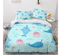 VASENA Housse de Couette 140x200 Enfant Poisson Parure de Lit 1 Personne Microfibre Housse de Couette Mignon Kawaii Bleu 3D Imprimé Literie Set 3 Pièces avec Fermeture Éclair