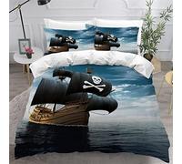 VASENA Housse de Couette 220x240 Ado Adulte Parure de Lit Navire Pirate Bleu Mer Housse de Couette en Microfibre Hypoallergique Ensemble de Literie avec 2 Taies d'oreiller