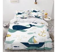 VASENA Housse de Couette 220x240 Ado Adulte Parure de Lit Poisson Baleine Thème De L'océan De Dessin Animé Housse de Couette en Microfibre Hypoallergique Ensemble de Literie avec 2 Taies d'oreiller