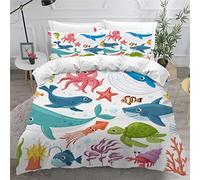 VASENA Housse de Couette 220x240 Adulte Parure de Lit Animaux Marins De Dessin Animé Poulpe Requin Tortue Housse de Couette en Microfibre Hypoallergique Ensemble de Literie avec 2 Taies d'oreiller
