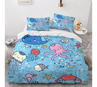 VASENA Poisson Housse de Couette 200×200 Garçons Fille 3D Motif Parure de Lit Dessin Animé Océan Méduse Douce Microfibre Housse de Couette 1 Personne avec 2 Taies d'oreiller 50x75