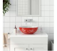 vidaXL Lavabo à poser rond – Blanc et rouge – Ø 41 x 14 cm – Céramique – avec trou de vidange